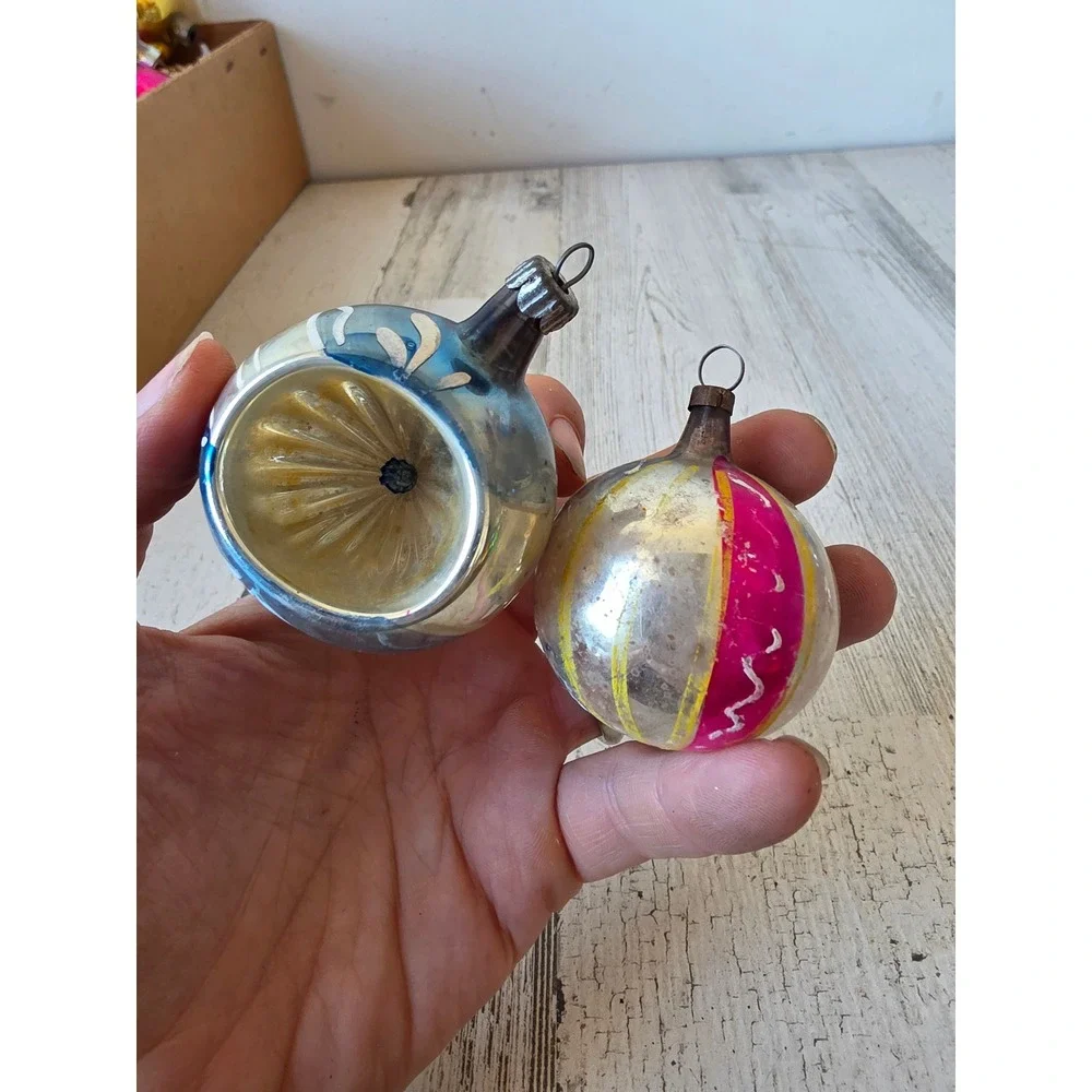 Vintage Poland West Germany indent blue pink beach ball ornament glass Xmas tree